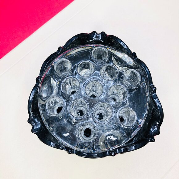 Vintage Black Glass Hobnail Footed Bowl and Clear Glass Flower Frog: Centerpiece - Picture 4 of 12